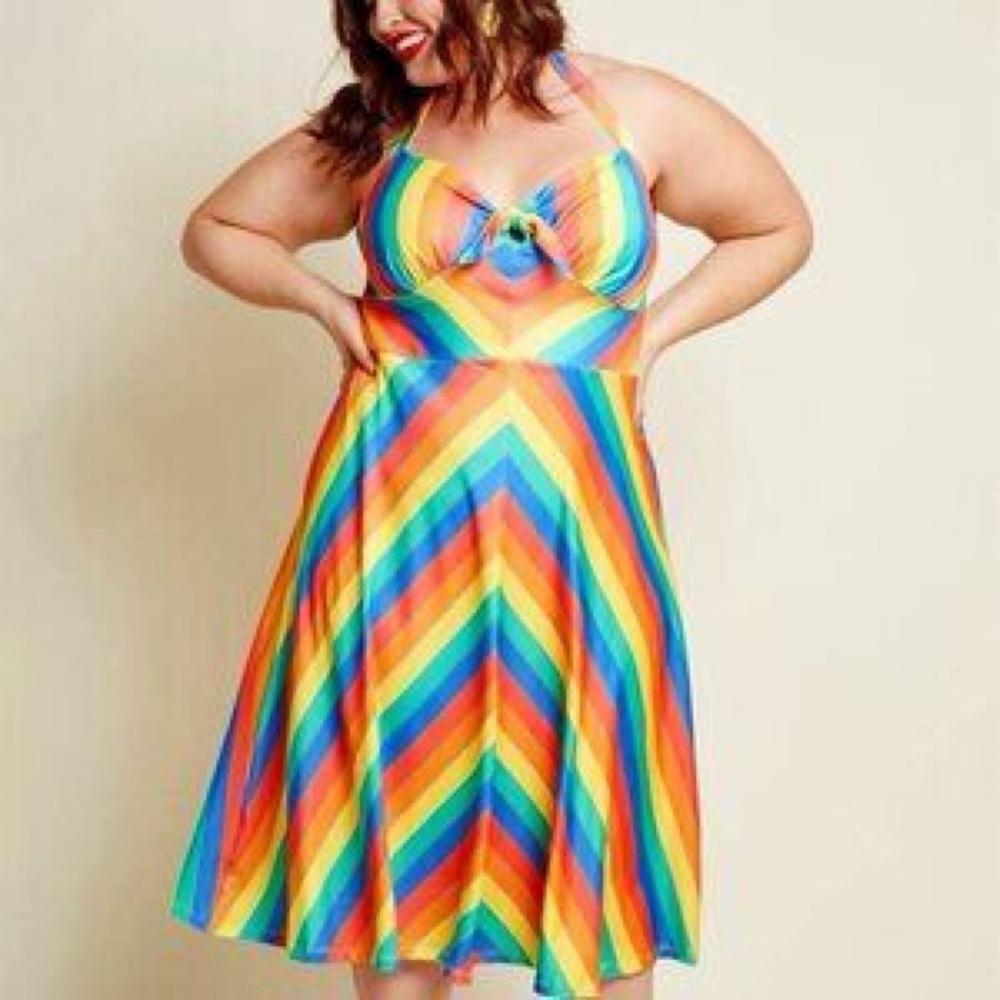 ModCloth Rainbow Chevron Stripe Halter Pinup Swing Dress 2X - Picture 9 of 11